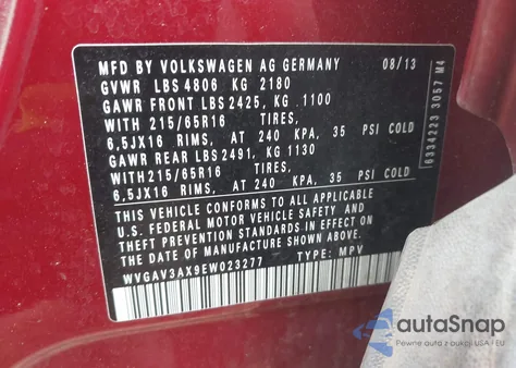 2014 Volkswagen Tiguan S from USA, damaged, VIN WVGAV3AX9EW023277